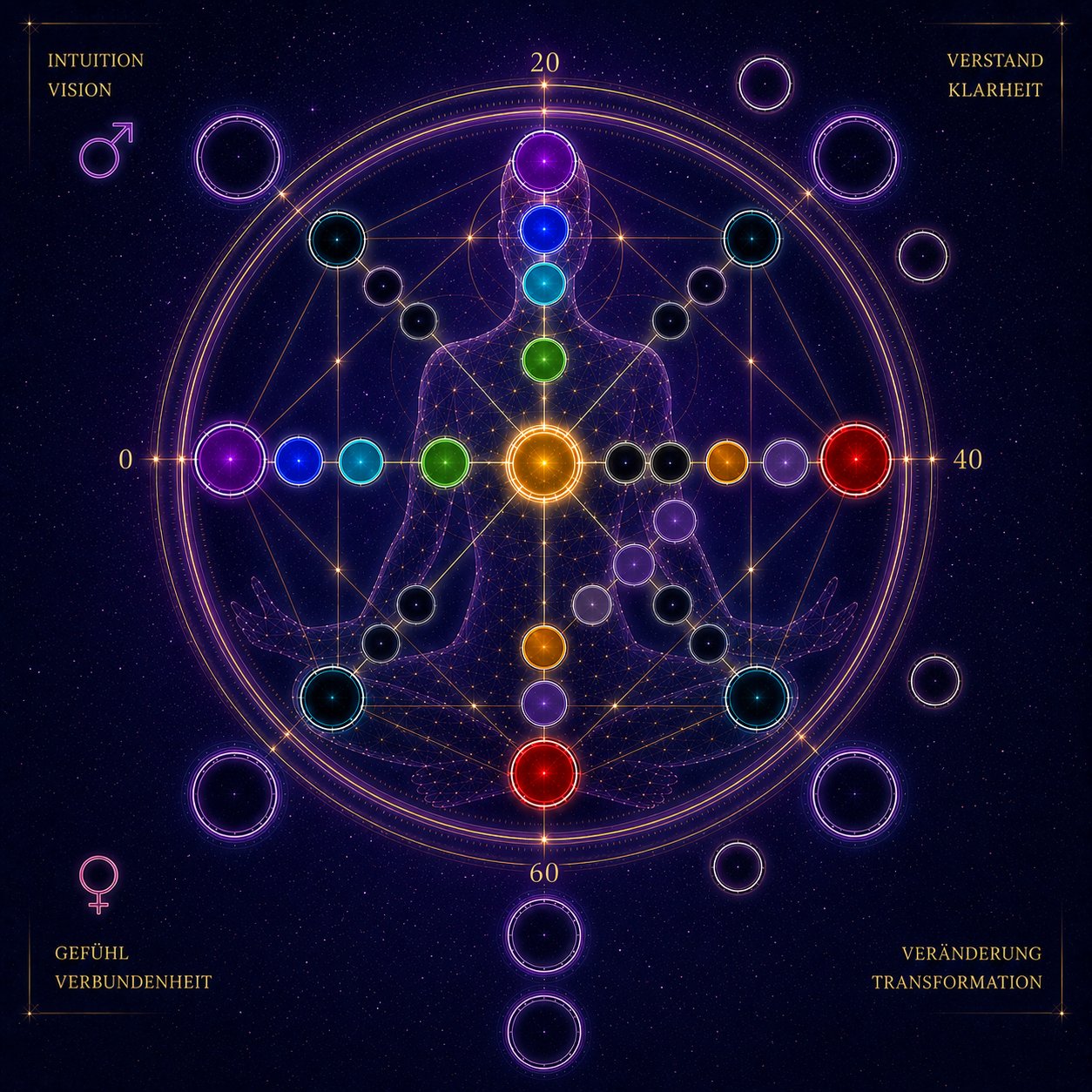 Energiebild der Schicksalsmatrix: meditierende Silhouette mit leuchtenden Chakra-Kreisen im goldenen Ring